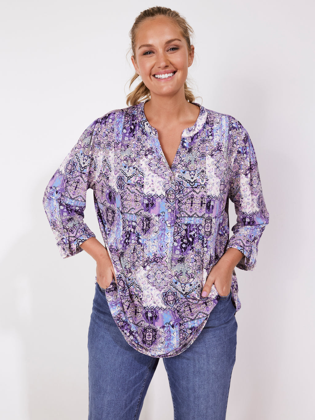 Roz & Ali Denim Friendly Patchwork Popover-Plus