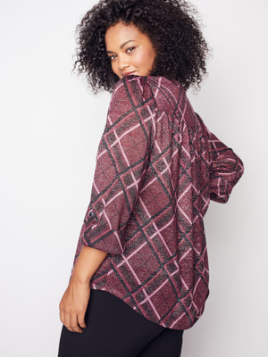 Roz & Ali Wine Lurex Plaid Popover - Plus - 6
