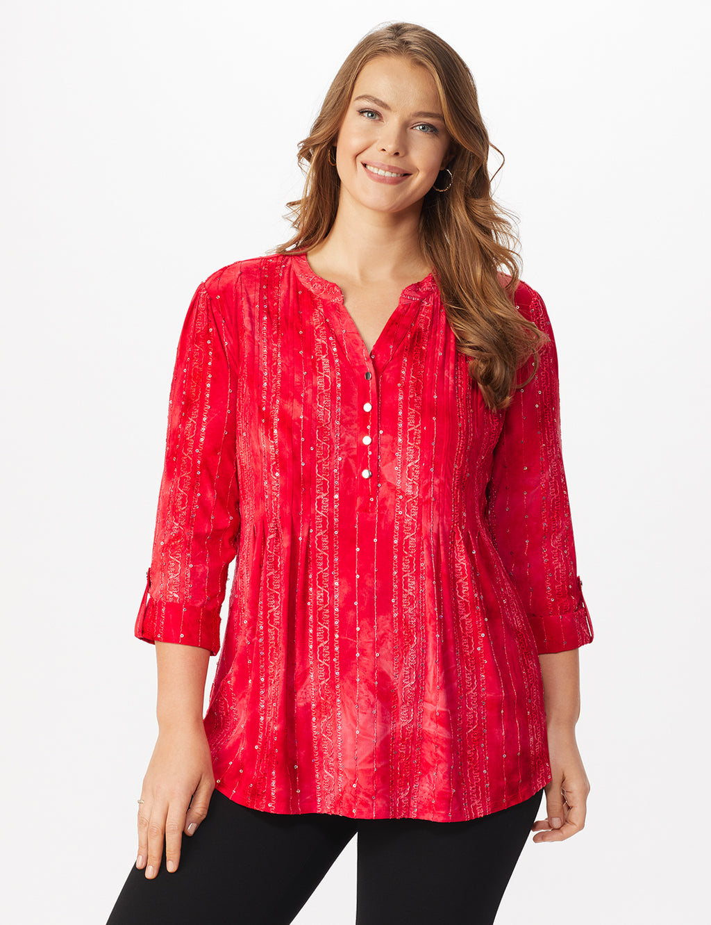 Roz & Ali Red Sequin Tie Dye Popover - Plus