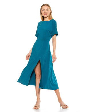 Lana Draped Boatneck Neckline Bodice Midi Dress With Slit - 33